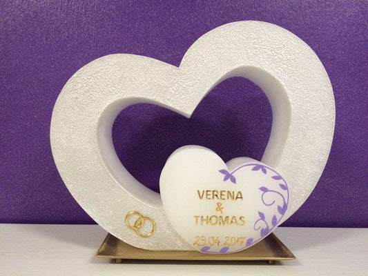 Hochzeitskerze, Hochzeitkerze Doppelherz, mit Teelichteinsatz, Hochzeit, Vermählung, Verlobung, inkl. Beschriftung, Farbwünsche möglich