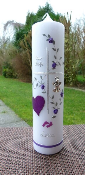 Taufkerze Mädchen, Taufkerze Kreuz, Taufkerze Schutzengel, lila