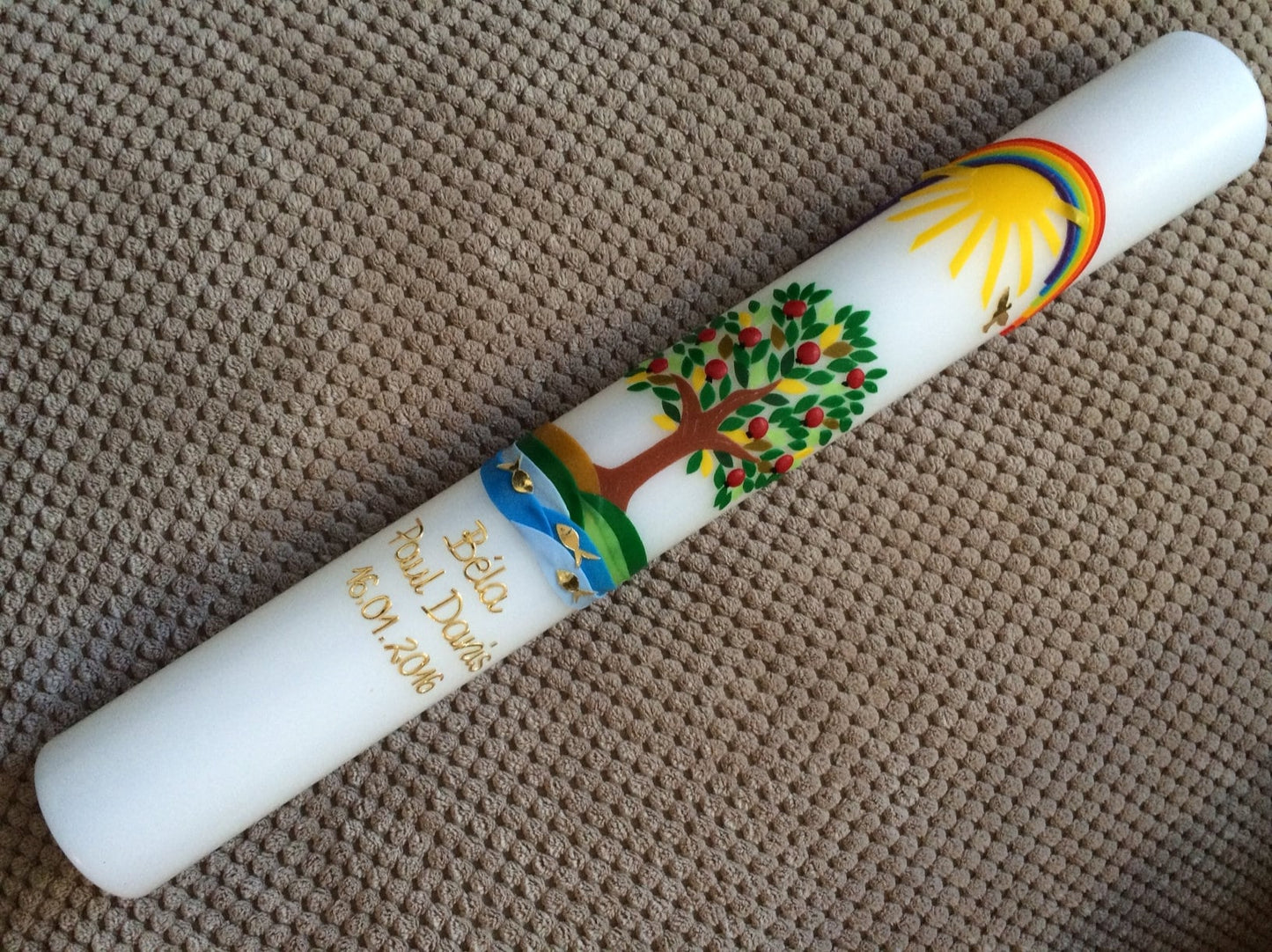 Taufkerze Kommunionkerz Lebensbaum, inkl. Beschriftung, Farbwünsche möglich, Jungen, Mädchen, Wachsverzierungen, Wachsbeschriftung, Taufe