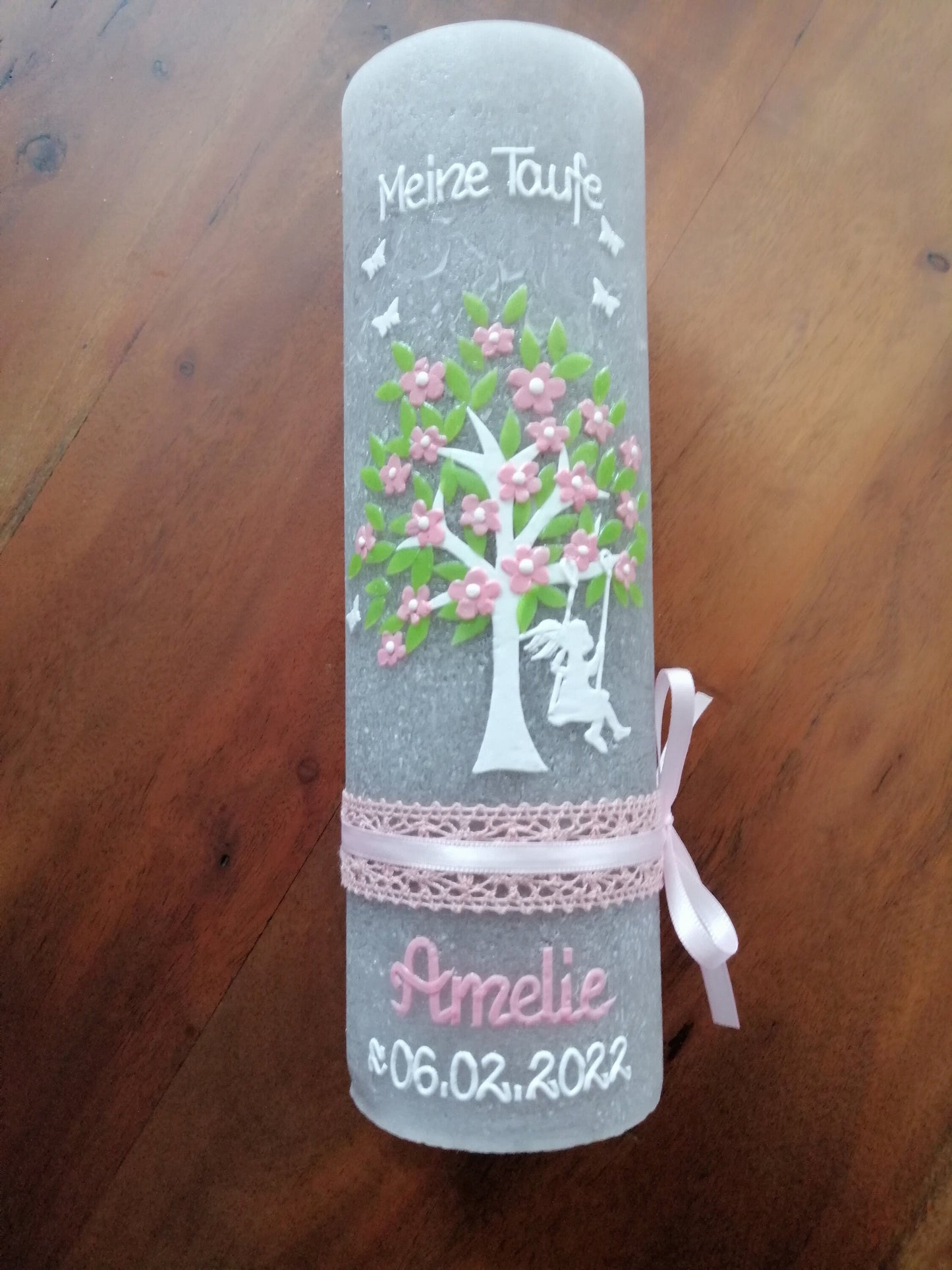 Taufkerze Mädchen, RUSTICA, VINTAGE-Look, SHABBY, Rustikal, Lebensbaum, Baum, Schaukel, Kerze, Taufe, keine Folie, inkl Wachsbeschriftung
