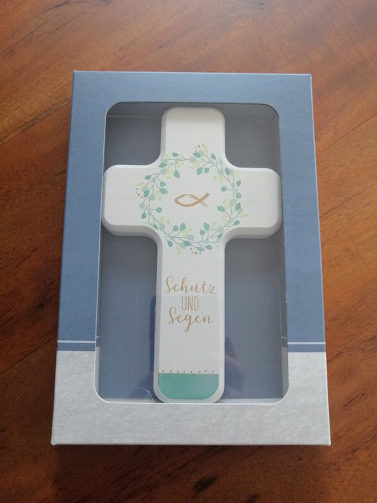 Kinderholzkreuz, Kreuz Holz, Taufe Geschenke - "Schutz und Segen" 11x18 cm