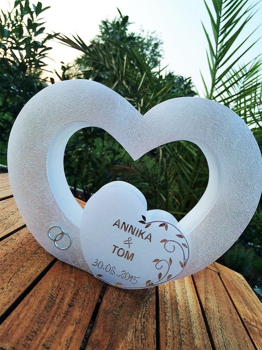 Hochzeitskerze, Hochzeitkerze Doppelherz, mit Teelichteinsatz, Hochzeit, Vermählung, Verlobung, inkl. Beschriftung, Farbwünsche möglich