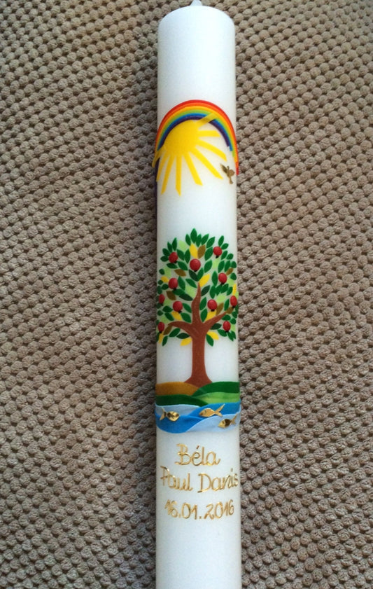 Taufkerze Kommunionkerz Lebensbaum, inkl. Beschriftung, Farbwünsche möglich, Jungen, Mädchen, Wachsverzierungen, Wachsbeschriftung, Taufe