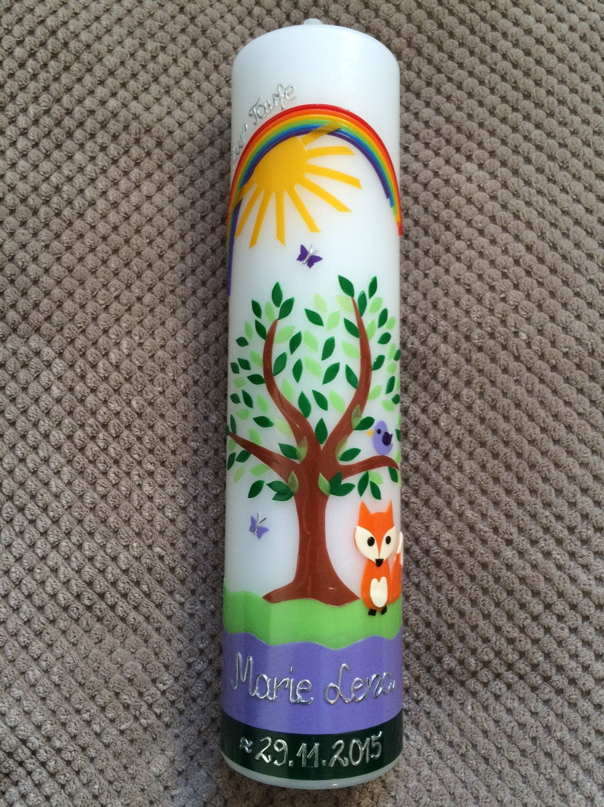 Taufkerze Mädchen, Taufkerze Lebensbaum mit Fuchs, Regenbogen, Sonne