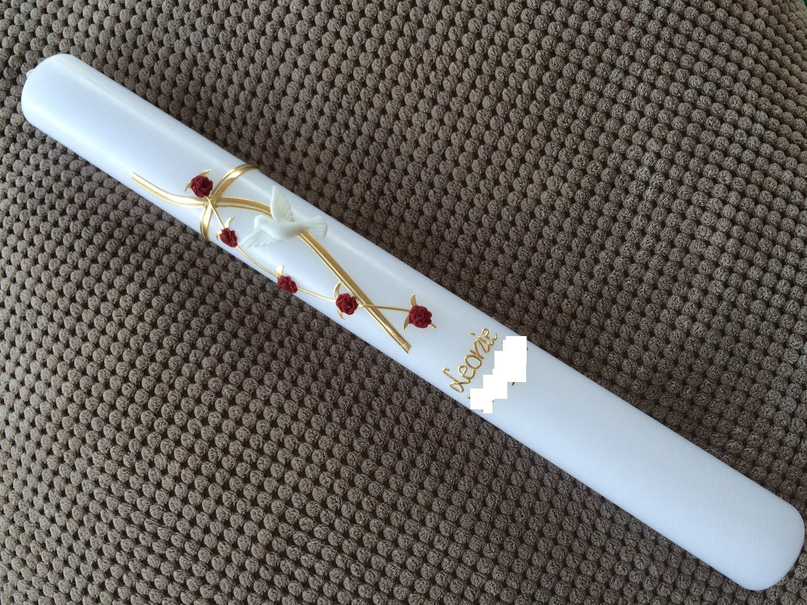 Taufkerze Mädchen Kommunionskerze Kreuz, inkl. Beschriftung, Wachsverzierungen, handgearbeite Wachsbeschriftung