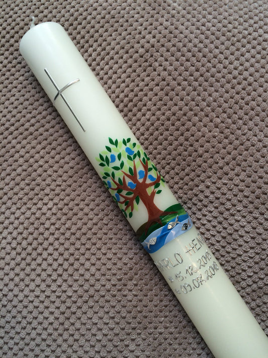 Taufkerze, Kommunionkerze, Kommunionskerze, Lebensbaum, Maedchen, Jungen, katholische, evangelische Taufe, Erstkommunion, Wachsverzierungen