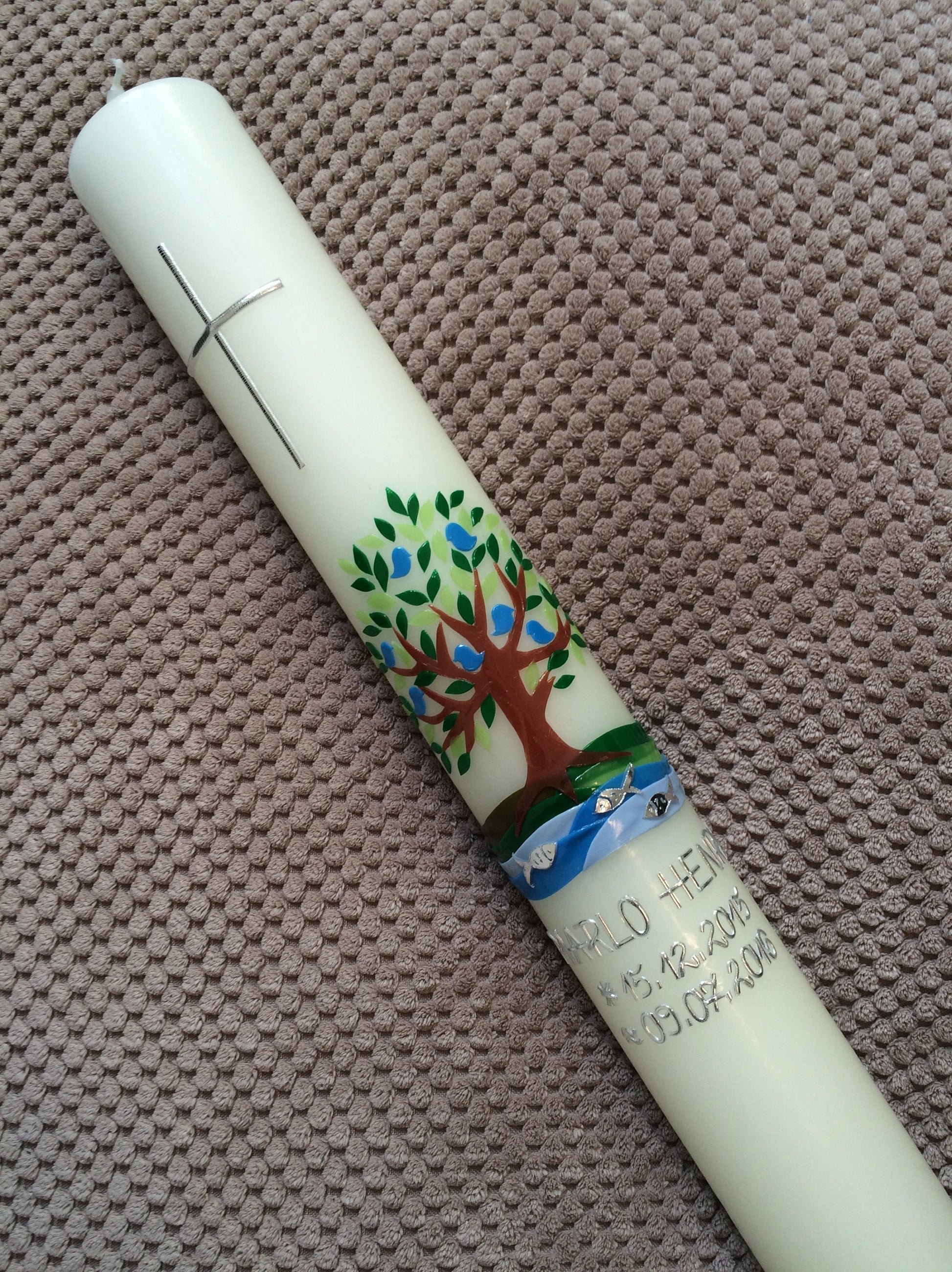 Taufkerze, Kommunionkerze, Kommunionskerze, Lebensbaum, Maedchen, Jungen, katholische, evangelische Taufe, Erstkommunion, Wachsverzierungen