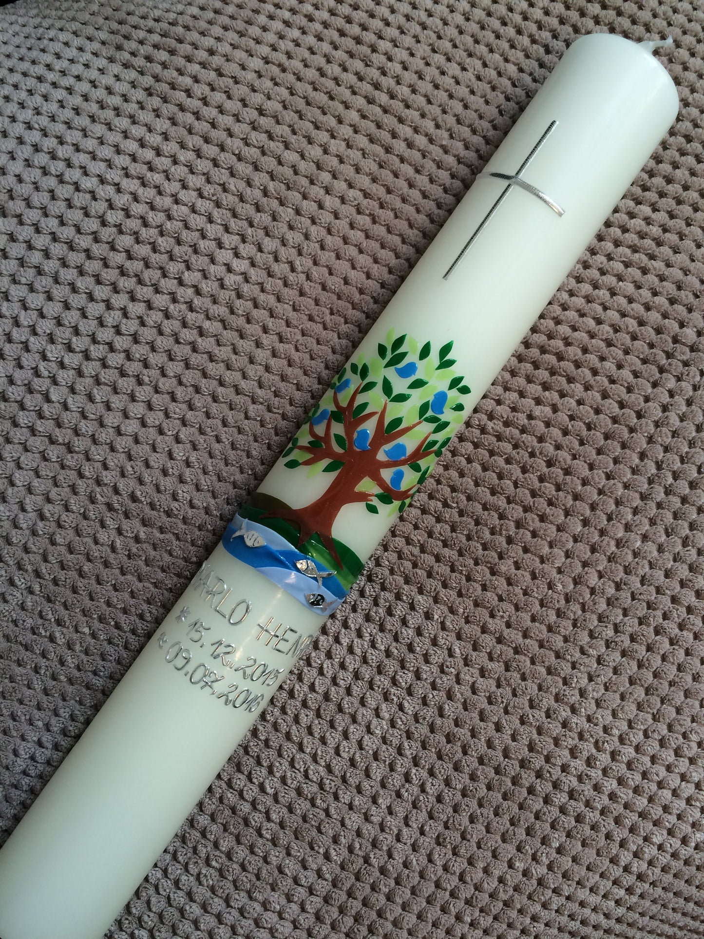 Taufkerze, Kommunionkerze, Kommunionskerze, Lebensbaum, Maedchen, Jungen, katholische, evangelische Taufe, Erstkommunion, Wachsverzierungen