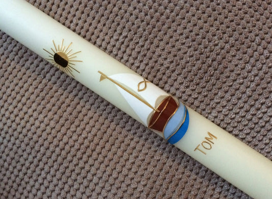 Kommunionkerze, Taufkerze " Mit Jesus in einem Boot ", inkl. Beschriftung, Wachverzierungen, keine Folie, kein Druck, Mädchen, Junge, Arche