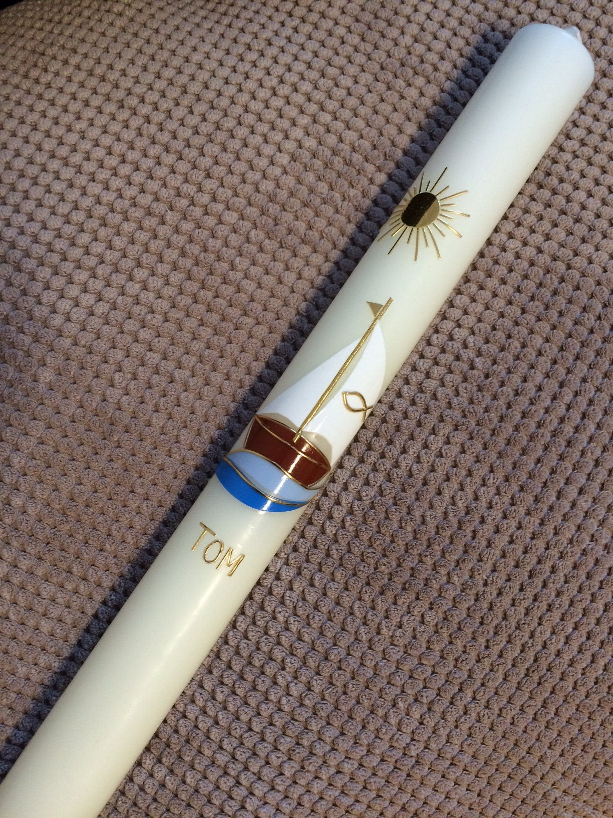 Kommunionkerze, Taufkerze " Mit Jesus in einem Boot ", inkl. Beschriftung, Wachverzierungen, keine Folie, kein Druck, Mädchen, Junge, Arche