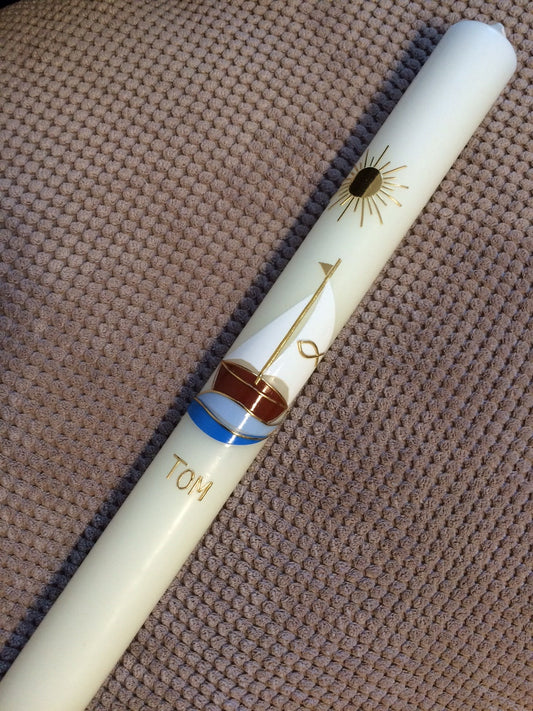 Kommunionkerze, Taufkerze " Mit Jesus in einem Boot ", inkl. Beschriftung, Wachverzierungen, keine Folie, kein Druck, Mädchen, Junge, Arche