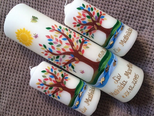 Taufkerze Mädchen Junge Lebensbaum SET