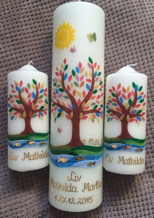 Taufkerze Mädchen Junge Lebensbaum SET