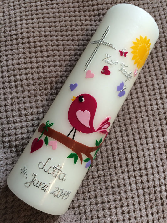 Kerze zur Taufe, Taufkerze Vogel, inkl. handgearbeiteter Wachsbeschriftung, Mädchen, Jungen, Farbwünsche möglich, katholische Taufe