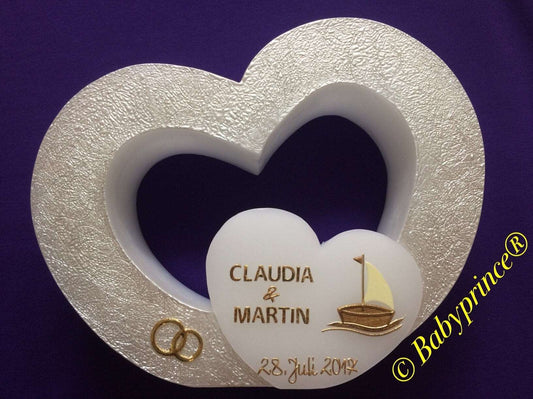 Hochzeitskerze, Hochzeitkerze Doppelherz, mit Teelichteinsatz, Hochzeit, Vermählung, Verlobung, inkl Beschriftung, Farbwünsche möglich, Boot