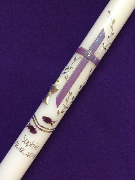 Kommunionkerze 40x4, Taufkerze, Farbe nach Wahl, für Mädchen oder Jungen, handgearbeite Wachsverzierungen, keine Folie/Druck, Kommunion