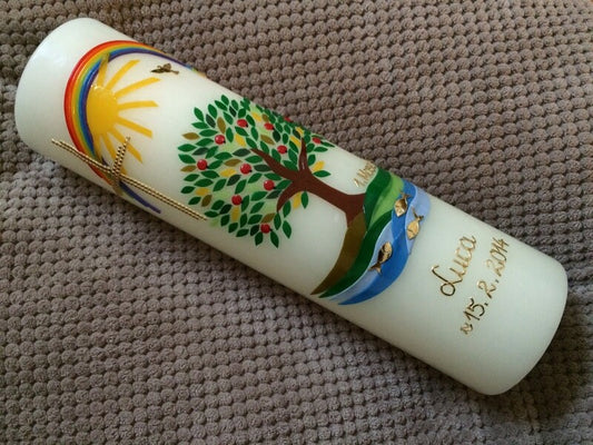 Taufkerze Lebensbaum Baum Mädchen Junge Kerze -Taufe - Handarbeit - keine Folie - inkl. Wachsbeschriftung