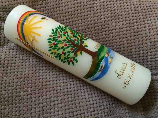 Taufkerze Lebensbaum Baum Mädchen Junge Kerze -Taufe - Handarbeit - keine Folie - inkl. Wachsbeschriftung
