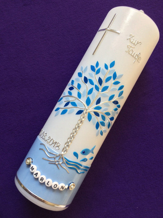 Taufkerze Lebensbaum Baum Mädchen Junge Kerze - Taufe - Handarbeit - keine Folie - Buchstabenperlen - Wachsbeschriftung möglich