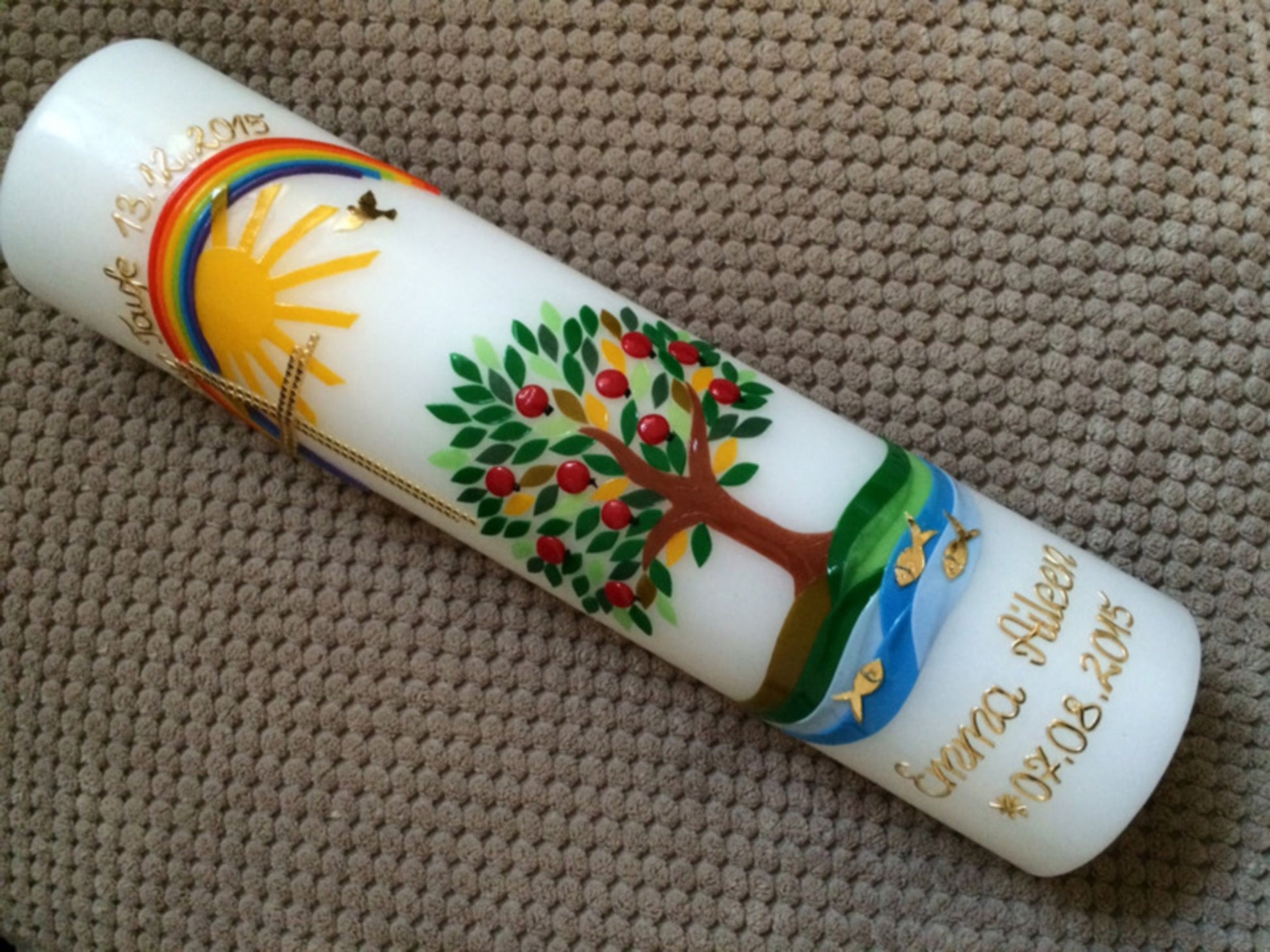 Taufkerze Lebensbaum Baum Mädchen Junge Kerze -Taufe - Handarbeit - keine Folie - inkl. Wachsbeschriftung
