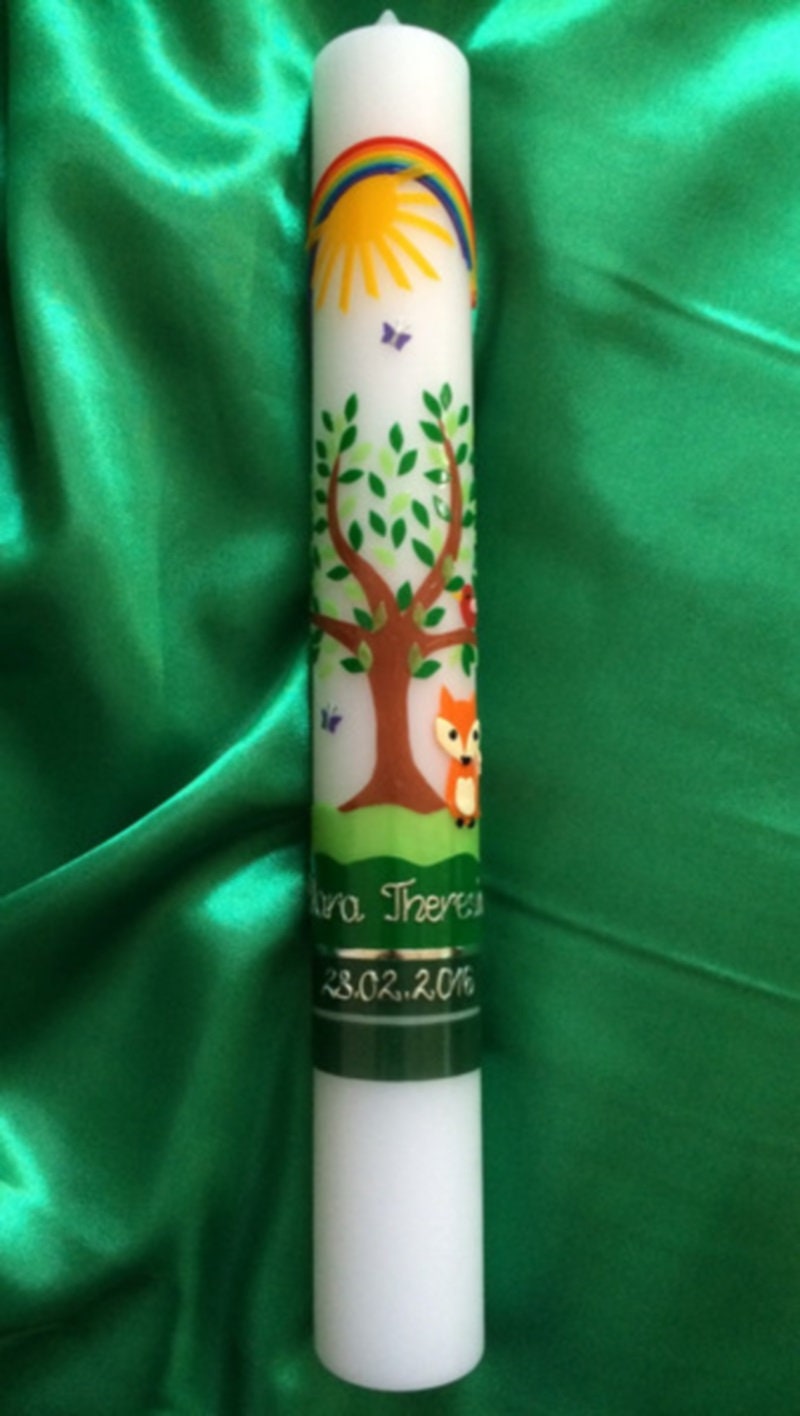 Taufkerze - Kommunionkerze - Lebensbaum - Fuchs - Baum - Mädchen - Junge - Kerze -Taufe - Handarbeit - keine Folie - inkl. Wachsbeschriftung