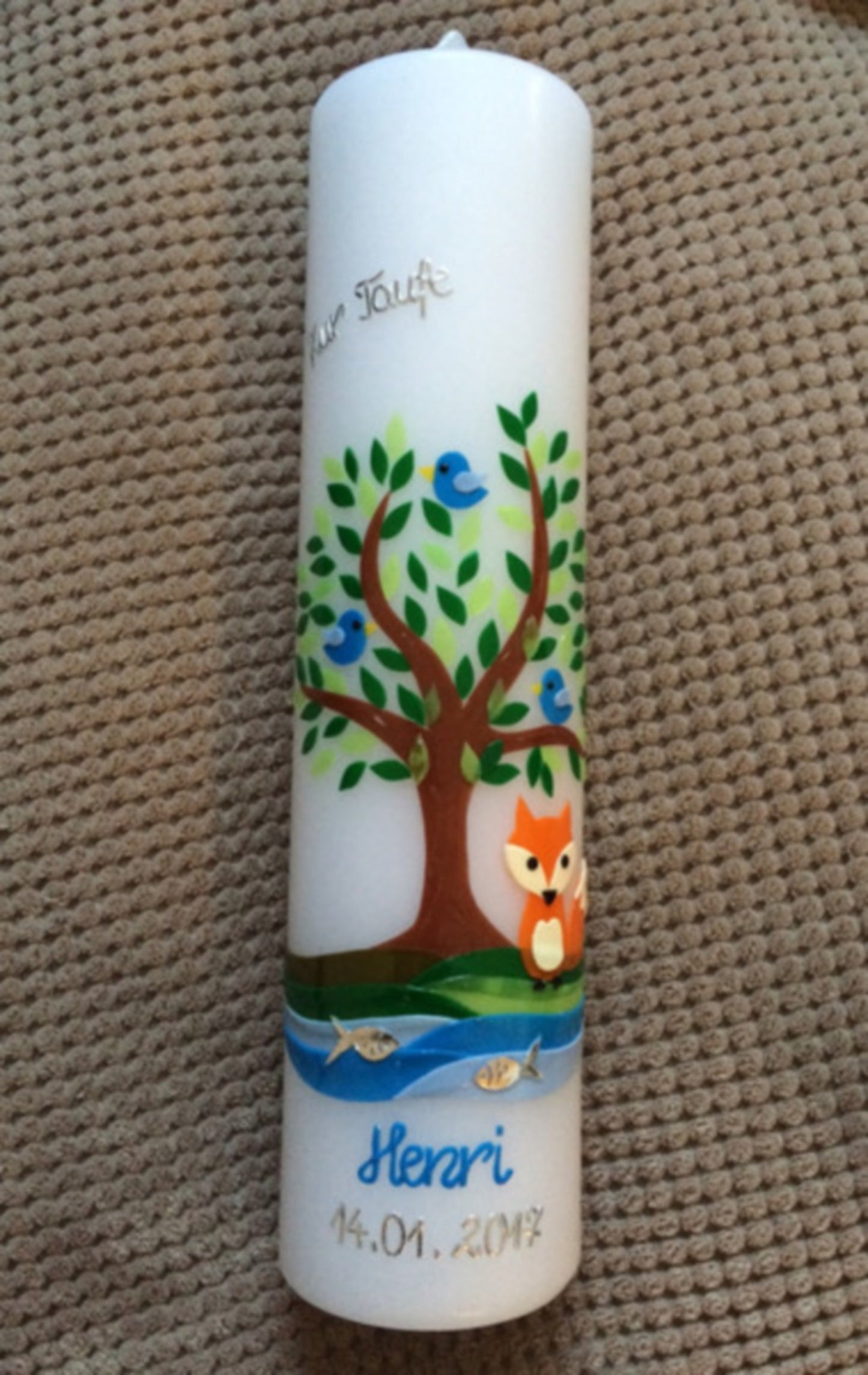 Taufkerze Lebensbaum Fuchs Fox Baum Mädchen - Junge - Kerze -Taufe - Handarbeit - keine Folie - inkl. Wachsbeschriftung