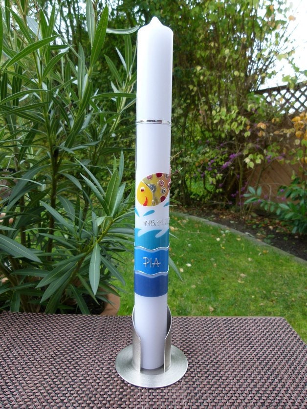 Taufkerze - Kommunionkerze - bunter Fisch - Fisch - Mädchen - Junge - Handarbeit - keine Folie - inkl. Wachsbeschriftung