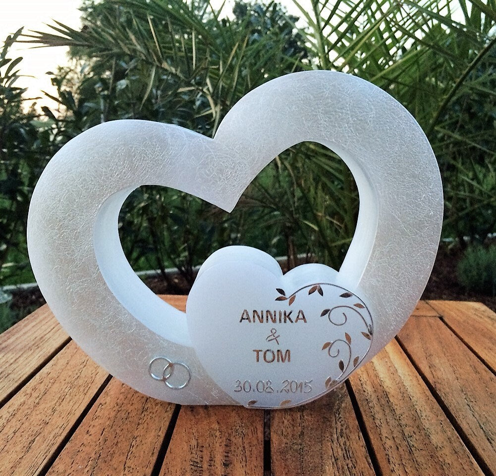 Hochzeitskerze, Hochzeitkerze Doppelherz, mit Teelichteinsatz, Hochzeit, Vermählung, Verlobung, inkl. Beschriftung, Farbwünsche möglich