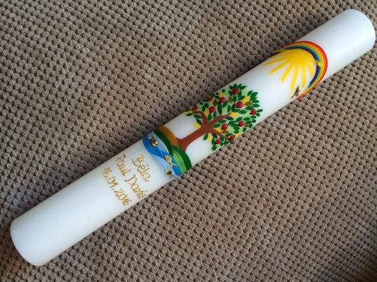 Taufkerze Kommunionkerz Lebensbaum, inkl. Beschriftung, Farbwünsche möglich, Jungen, Mädchen, Wachsverzierungen, Wachsbeschriftung, Taufe