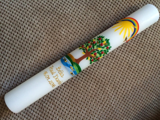 Taufkerze Kommunionkerz Lebensbaum, inkl. Beschriftung, Farbwünsche möglich, Jungen, Mädchen, Wachsverzierungen, Wachsbeschriftung, Taufe