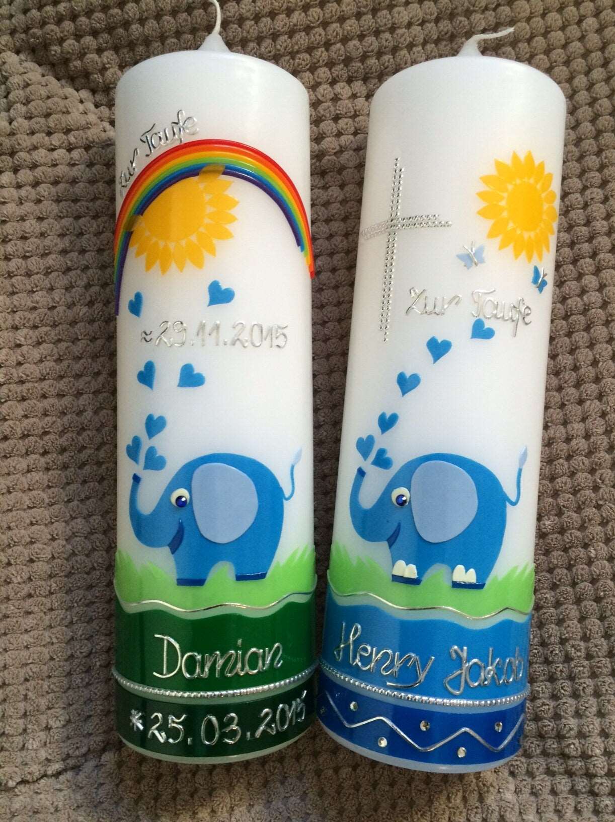 2 Taufkerzen Elefant, Zwillinge, Geschwister, inkl Beschriftungen, Farbwünsche möglich, Mädchen, Jungen, Taufe, katholisch, evangelisch