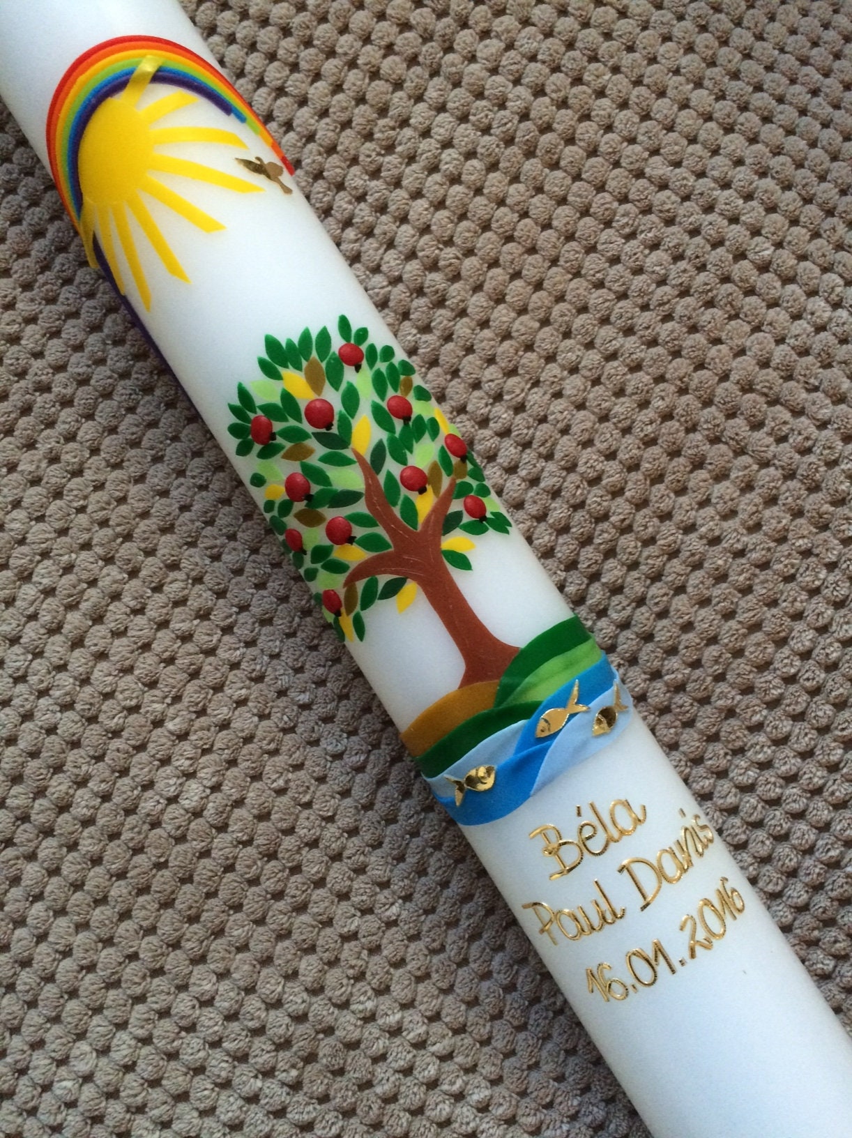 Taufkerze Kommunionkerz Lebensbaum, inkl. Beschriftung, Farbwünsche möglich, Jungen, Mädchen, Wachsverzierungen, Wachsbeschriftung, Taufe