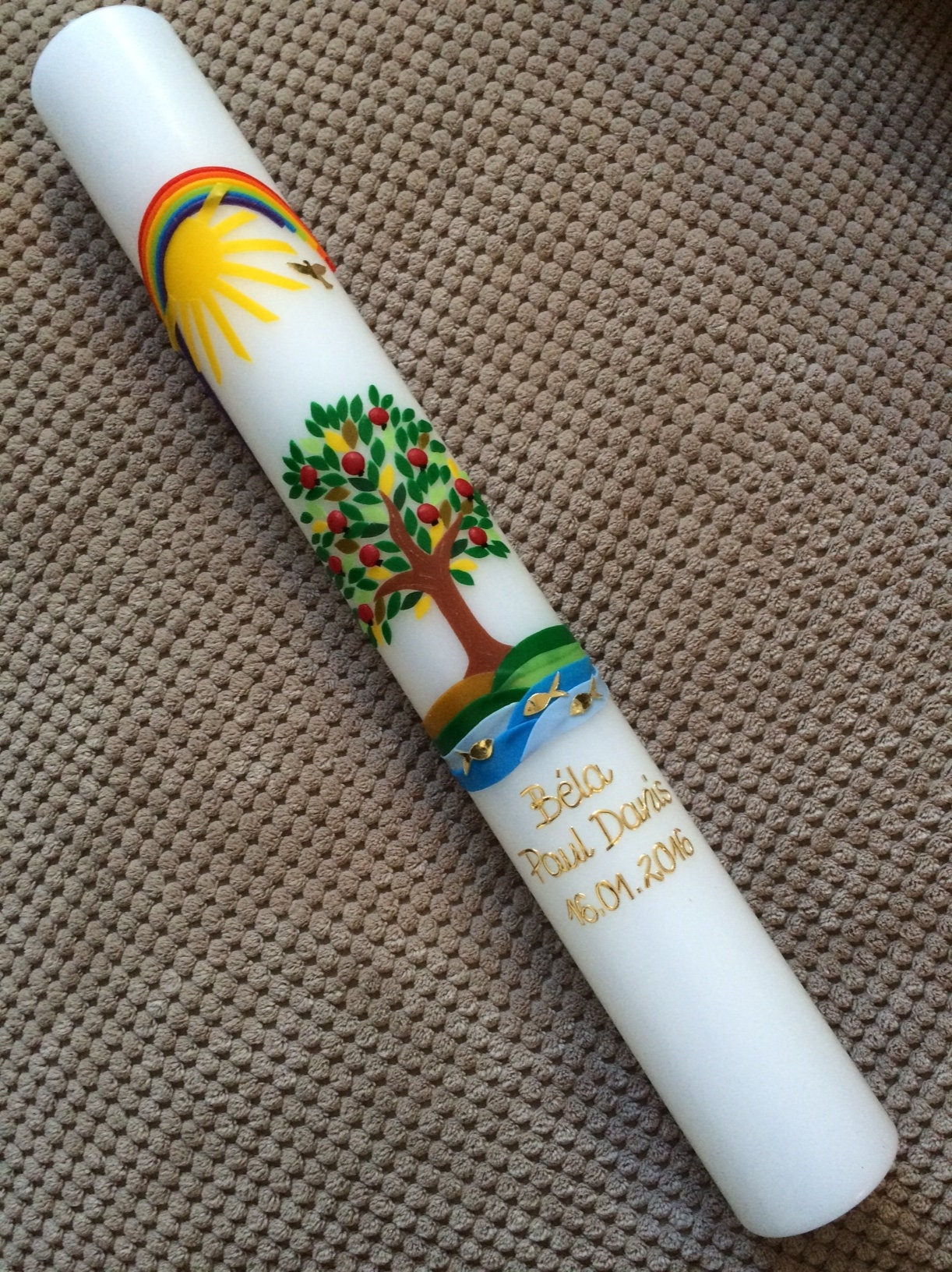 Taufkerze Kommunionkerz Lebensbaum, inkl. Beschriftung, Farbwünsche möglich, Jungen, Mädchen, Wachsverzierungen, Wachsbeschriftung, Taufe