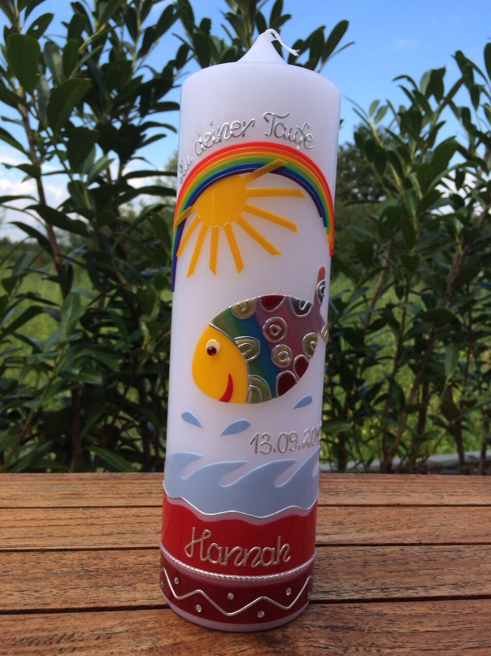 Taufkerze bunter Fisch, Mädchen, Junge