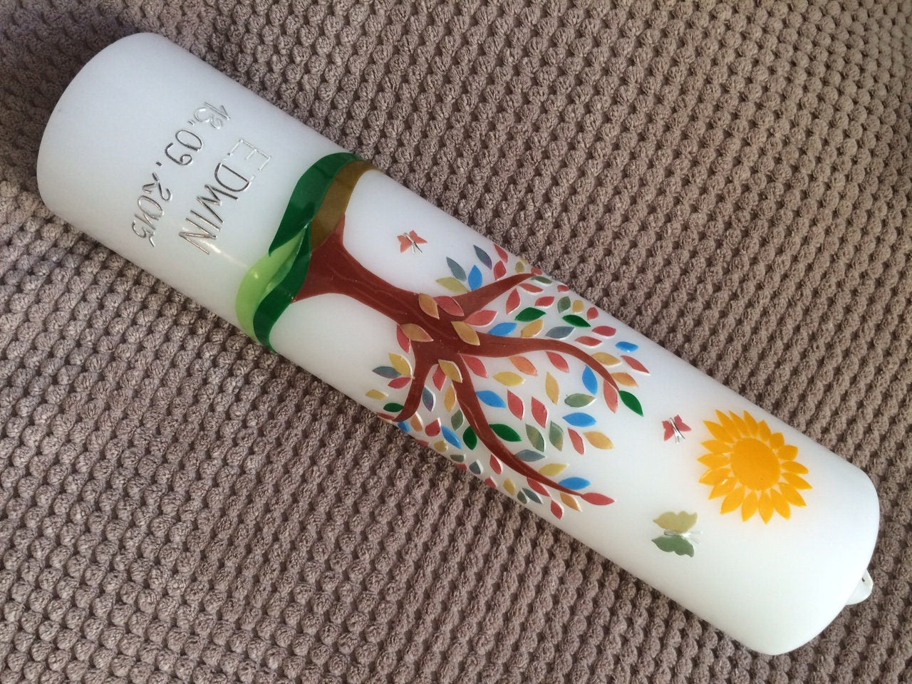 Taufkerze, Lebensbaum, Baum, Mädchen, Junge, Kerze, Taufe, Handarbeit, keine Folie, inkl. Wachsbeschriftung, Sonne, katholisch, evangelisch