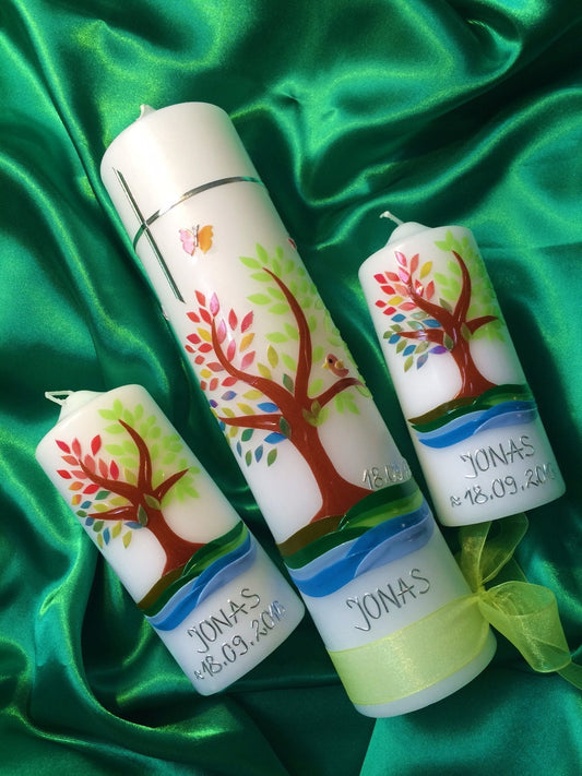 Taufkerze Lebensbaum, inkl. Patenkerzen, Set