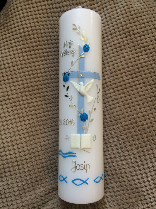 Taufkerze, Kreuz, Taufe, Ranke, Bibel, Fische, inkl. Beschriftungen, Farbe nach Wahl, Mädchen, Jungen, Taufe katholisch, evangelisch