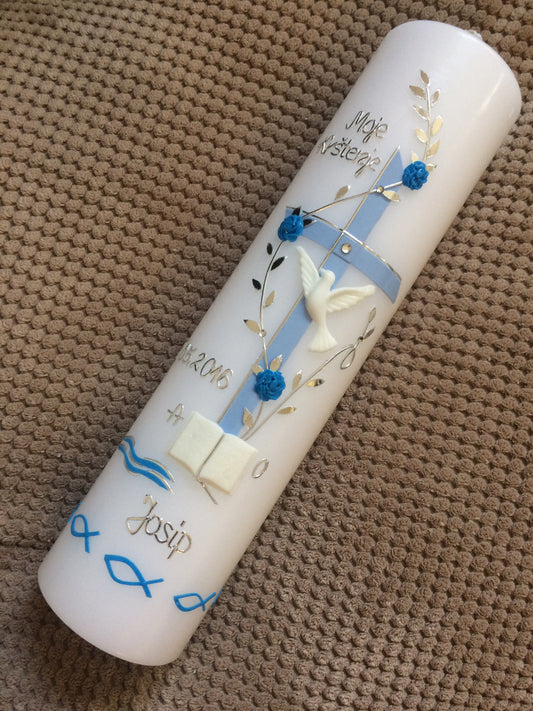 Taufkerze, Kreuz, Taufe, Ranke, Bibel, Fische, inkl. Beschriftungen, Farbe nach Wahl, Mädchen, Jungen, Taufe katholisch, evangelisch