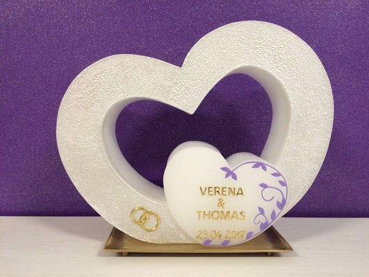 Hochzeitskerze, Hochzeitkerze Doppelherz, mit Teelichteinsatz, Hochzeit, Vermählung, Verlobung, inkl. Beschriftung, Farbwünsche möglich