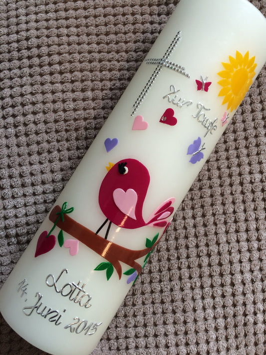 Kerze zur Taufe, Taufkerze Vogel, inkl. handgearbeiteter Wachsbeschriftung, Mädchen, Jungen, Farbwünsche möglich, katholische Taufe
