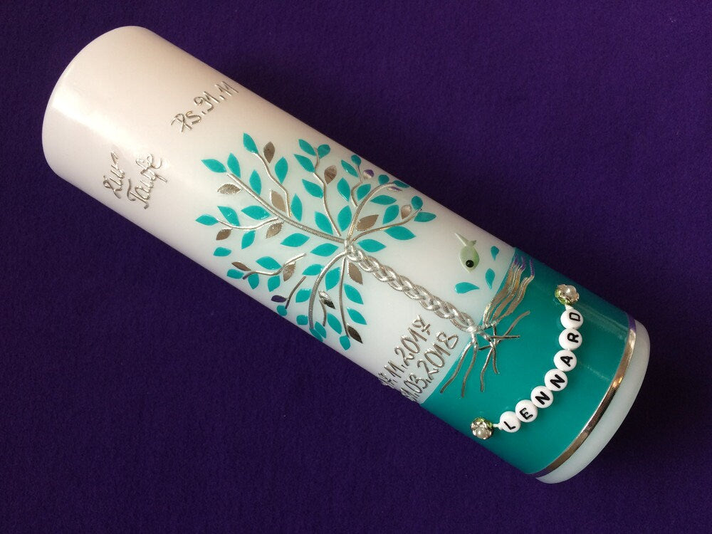 Taufkerze Lebensbaum Baum Mädchen Junge Kerze - Taufe - Handarbeit - keine Folie - Buchstabenperlen - Wachsbeschriftung möglich