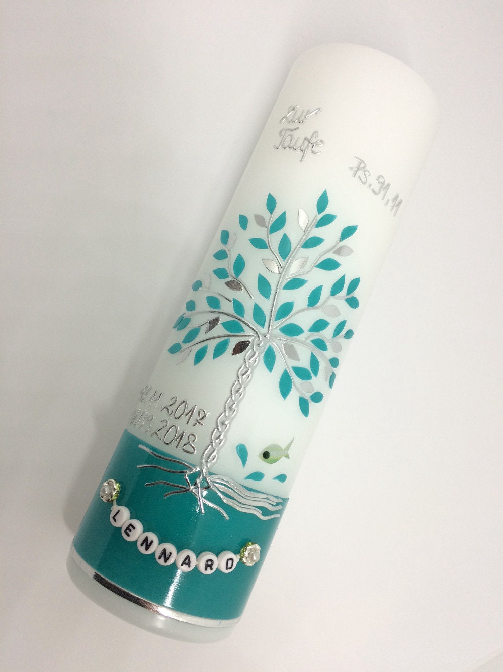 Taufkerze Lebensbaum Baum Mädchen Junge Kerze - Taufe - Handarbeit - keine Folie - Buchstabenperlen - Wachsbeschriftung möglich