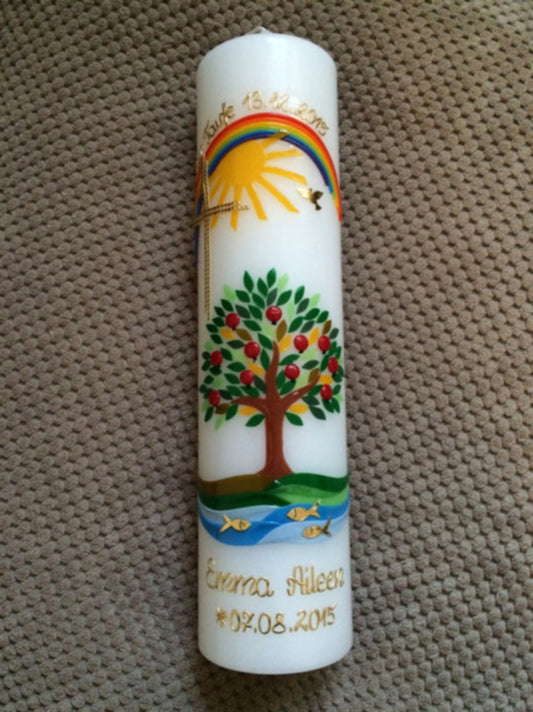 Taufkerze Lebensbaum Baum Mädchen Junge Kerze -Taufe - Handarbeit - keine Folie - inkl. Wachsbeschriftung