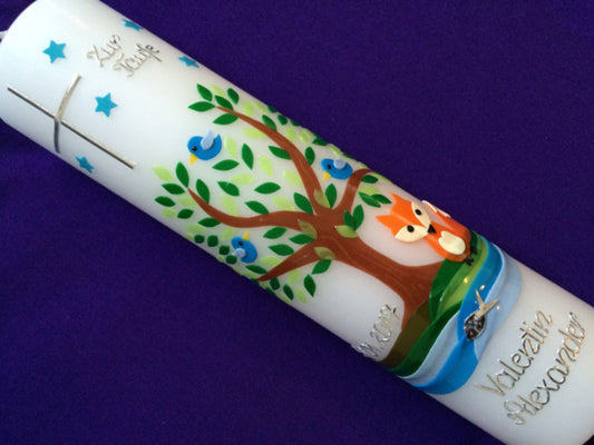 Taufkerze Lebensbaum Fuchs Fox Baum Mädchen - Junge - Kerze -Taufe - Handarbeit - keine Folie - inkl. Wachsbeschriftung