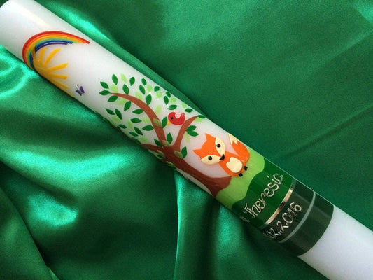 Taufkerze - Kommunionkerze - Lebensbaum - Fuchs - Baum - Mädchen - Junge - Kerze -Taufe - Handarbeit - keine Folie - inkl. Wachsbeschriftung