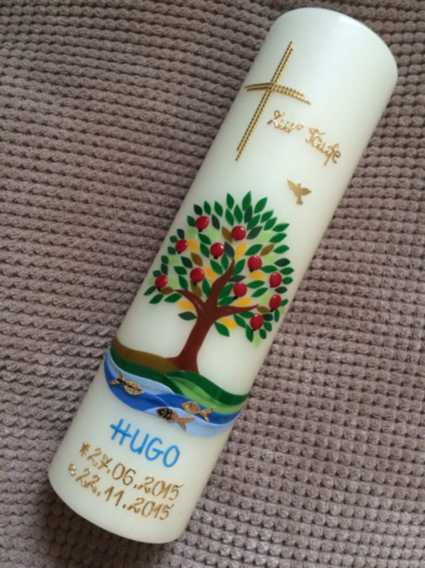 Taufkerze Lebensbaum Baum Mädchen Junge Kerze -Taufe - Handarbeit - keine Folie - inkl. Wachsbeschriftung