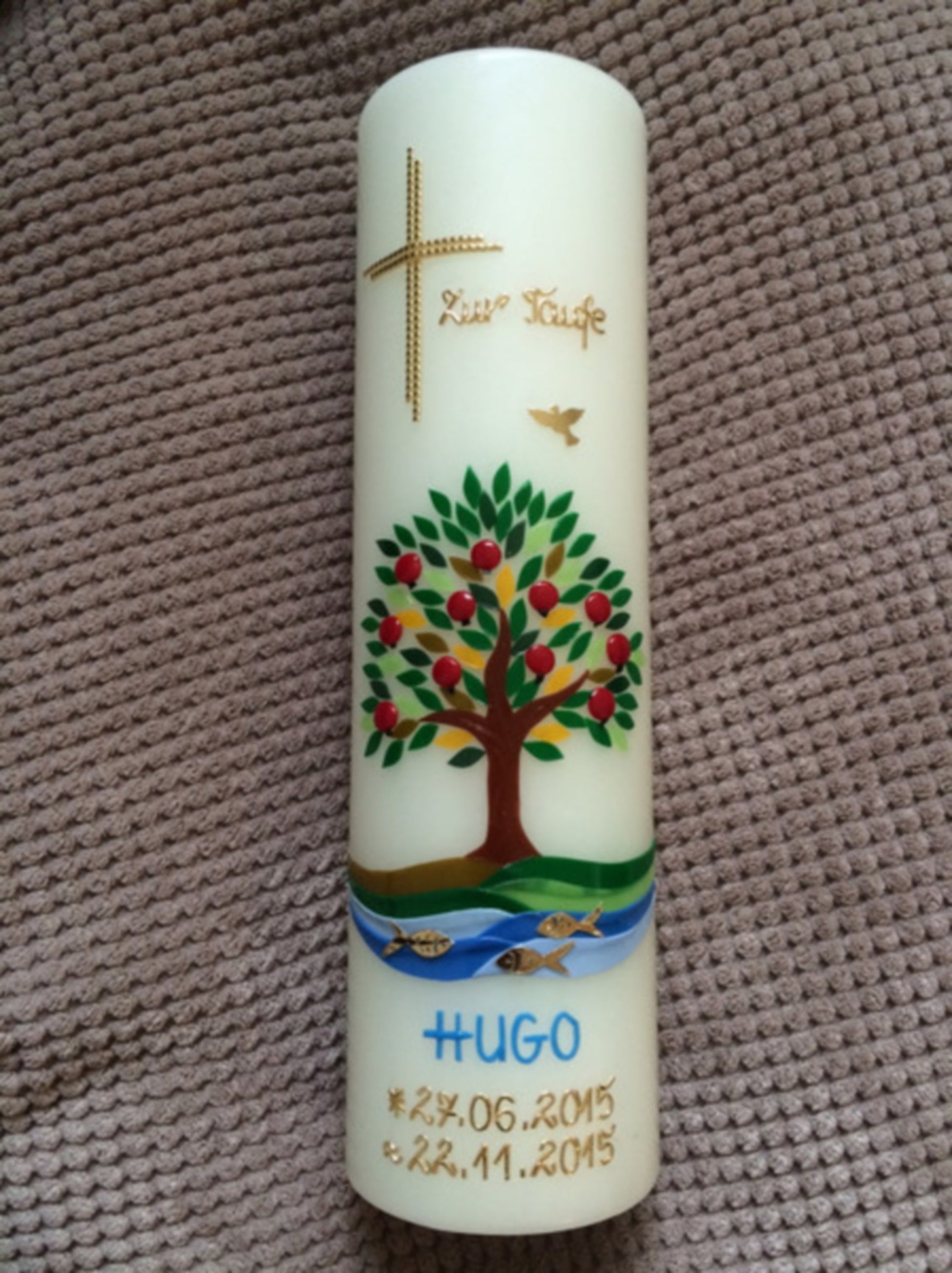 Taufkerze Lebensbaum Baum Mädchen Junge Kerze -Taufe - Handarbeit - keine Folie - inkl. Wachsbeschriftung