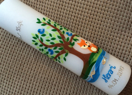Taufkerze Lebensbaum Fuchs Fox Baum Mädchen - Junge - Kerze -Taufe - Handarbeit - keine Folie - inkl. Wachsbeschriftung