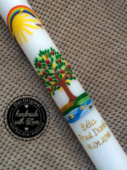 Taufkerze - Kommunionkerze - Lebensbaum - Baum - Mädchen - Junge - Handarbeit - keine Folie - inkl. Wachsbeschriftung