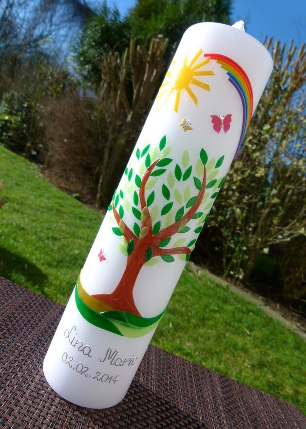 Taufkerze Lebensbaum Baum Mädchen Junge Kerze -Taufe - Handarbeit - keine Folie - inkl. Wachsbeschriftung